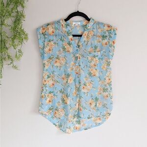 (Mine) Blue Sheer Orange Floral Sleeveless Top Sm